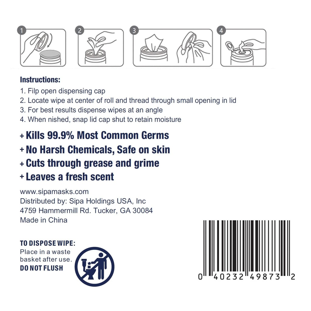 SIPA Hand Sanitizing Wipes 100 WIPES/CANISTER, Soft Textured Wipes, Fresh Scented Wipes (4 CANISTERS)