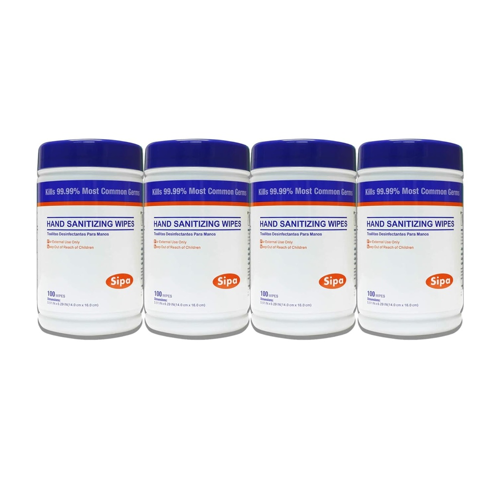 SIPA Hand Sanitizing Wipes 100 WIPES/CANISTER, Soft Textured Wipes, Fresh Scented Wipes (4 CANISTERS)